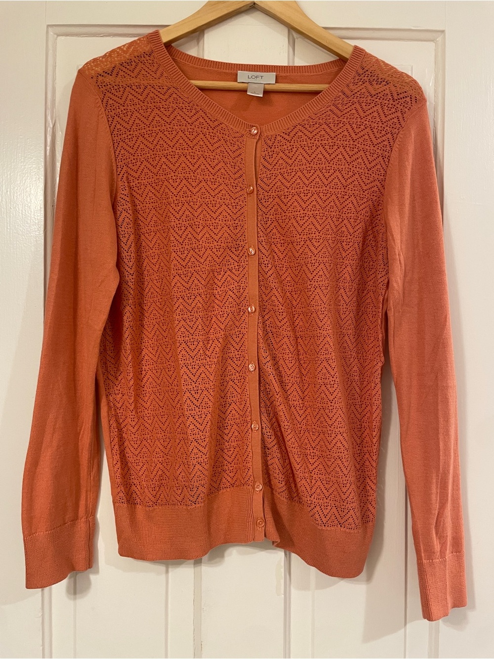 LOFT Pointelle Cardigan Sweater V-Neck Knit Orange Coral Size L